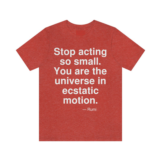 Stop acting so small. You are the universe in ecstatic motion. -- Rumi. Adult premium quality t-shirt